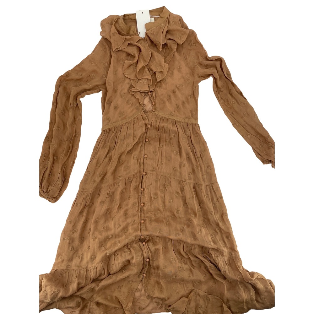 DÔEN Ruffled Eyelet Maxi Dress Tan Good Ruffle Neck Long Sleeve Button Front